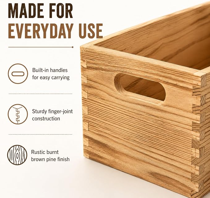 5 Pack Wooden Crates for Display Nesting Wood Crate for Storage with Handle | Rustic Handmade Farmhouse Wooden Basket for Storage and Containe, 5 Size Multipurpose Wood Basket for Fruits Vegetables Boxes - Image 5