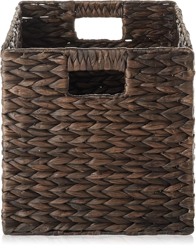Casafield 10.5" x 10.5" Water Hyacinth Storage Baskets, Espresso - Set of 2 Collapsible Cube Organizers, Woven Bins for Bathroom, Bedroom, Laundry, Pantry, Shelves - Image 4