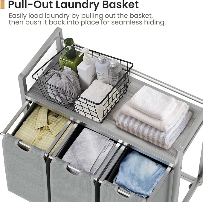 SwaaVee Laundry Sorter, Laundry Hamper 3 Section, 3×11.4Gal, Metal Frame Rolling Laundry Basket with Wooden Top Shelf, Pull out and Removable Laundry Bags, 3 Bags-Gray - Image 5