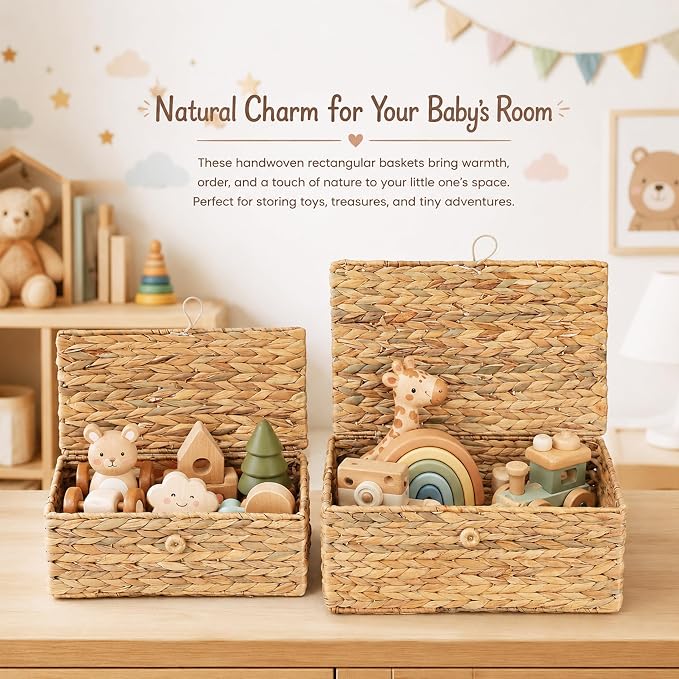LUSYDECO Set of 3 Wicker Storage Baskets with Lid, Large Rectangular Rattan Basket Decorative Boxes, Natural Water Hyacinth Wicker Basket for Shelf Organizer, Nursery Room - Image 3