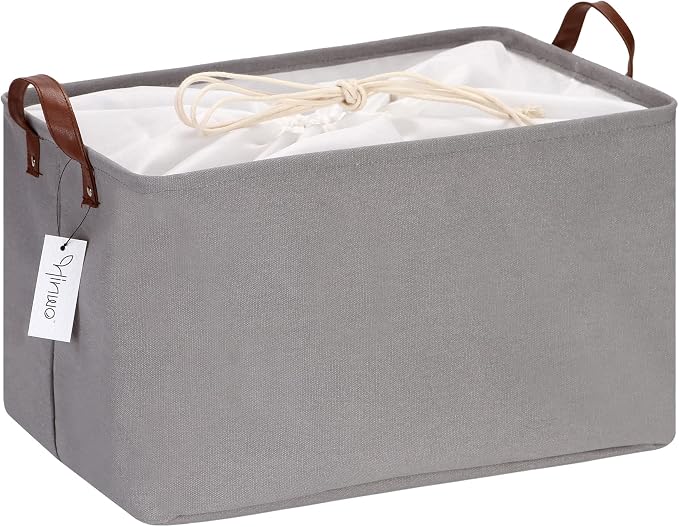 Hinwo 31L Large Canvas Storage Bin with Lid and Handles | Collapsible Fabric Basket, Closet Shelf Organizer, Container for Clothing, Blankets, Toys, Bedding (Gray) by Hinwo