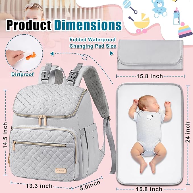 Diaper Bag Backpack Large Baby Diaper Bag with Changing Pad Travel Diaper Backpack,Baby Bag for Boys Girls,Stroller Straps,5 Insulated Pockets (Gray) - Image 2