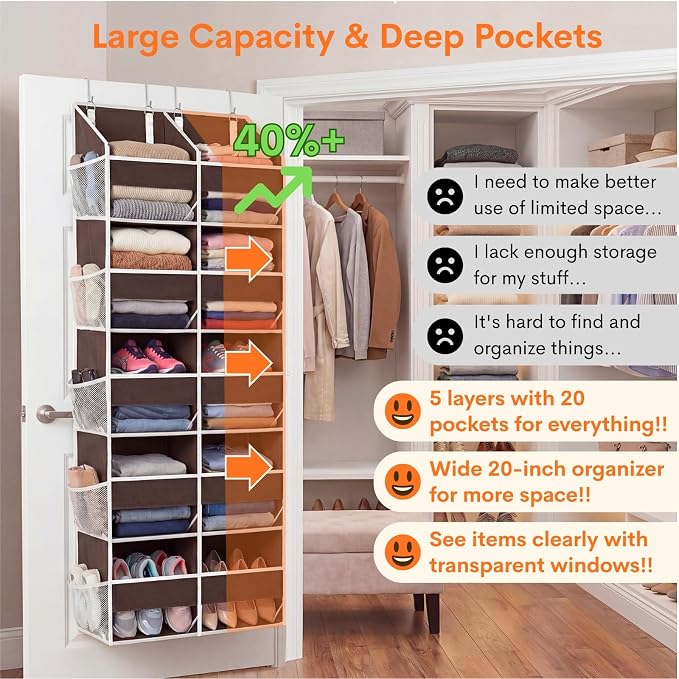 Over the Door Organizer 5 Tiers, Extra Large Behind Door Storage of 10 Compartments, 80 lbs Weight Capacity Over Door Organizer, Door Hanging Organizer for Closet, Diaper Organizer (Brown) - Image 2