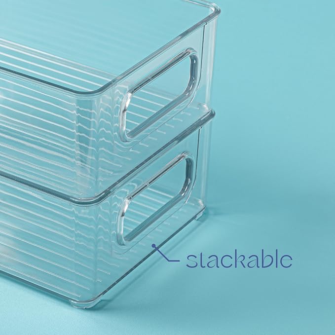 Plastic Food Storage 4 Pack Clear Container Bin with Handles for Organizing Kitchen, Pantry, Refrigerator, Freezer, Pantry, Cabinet, Closet, Bathroom. Stackable 10”x6”x3” - Image 4