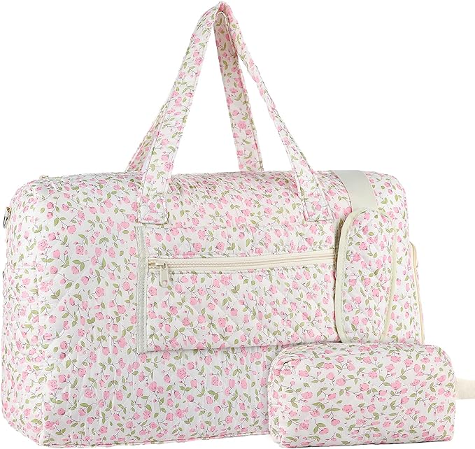 Quilted Floral Duffel Bag 2 Pack Weekender with Shoe Compartment | Women’s Overnight Hospital Bag for Labor Delivery, Travel Carry On Duffel with Toiletry Pouch for Gym & Weekend Getaway by Unknown