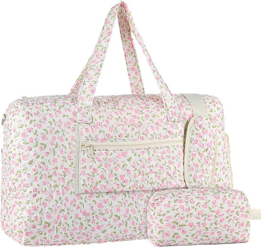 Quilted Floral Duffel Bag 2 Pack Weekender with Shoe Compartment | Women’s Overnight Hospital Bag for Labor Delivery, Travel Carry On Duffel with Toiletry Pouch for Gym & Weekend Getaway by Unknown