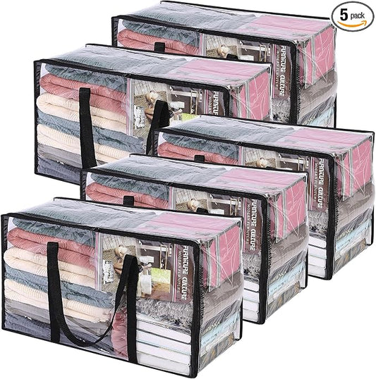 5 Pack Clear Clothes Storage Bags with Zipper 60L | Plastic Storage Bag, Foldable Closet Organizer, For Comforter Blanket Bedding Duvet Toys, Moving Bags by Vieshful
