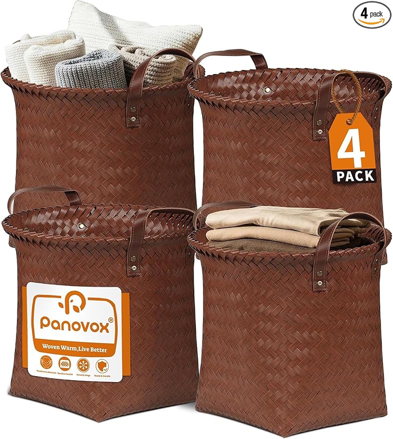 Wicker Storage Baskets, 4 Pack Woven Baskets for Shelves, Brown | PP Rattan, Water-resistant Wicker Basket, Large Baskets with Faux Leather Handles for Blanket, Laundry Organizer, Room Decor by Panovox