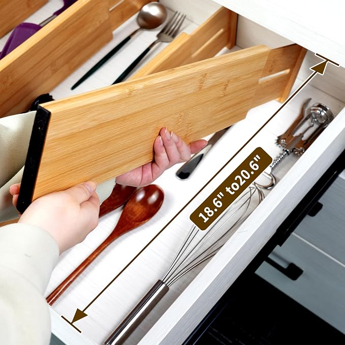 Utoplike Bamboo Drawer Dividers Large, 4" High Kitchen Drawers Organizer | Adjustable, Spring Loaded, Works in Bathroom, Bedroom, Dresser, Office, 4pcs for Clothing, Fit for 18.6"-20.6" Inner Drawer - Image 2