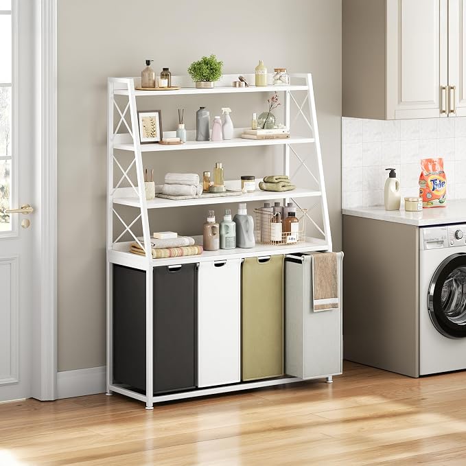 Herture Laundry Basket, 4 Section Laundry Hamper with 4 Tiers Shelf, Pull-Out and Removable Laundry Bags, Large 4 x 15.87 Gallons, for Laundry Room Bathroom White PF12XLE - Image 2