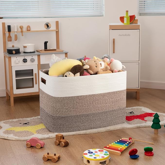 OIAHOMY 108L Extra Large Blanket Basket Dog Toy Basket radient Dark Brown | Rectangle Woven Baskets for Storage Cotton Rope Basket For Living Room Toy Storage Blanket Storage Laundry Basket - Image 5