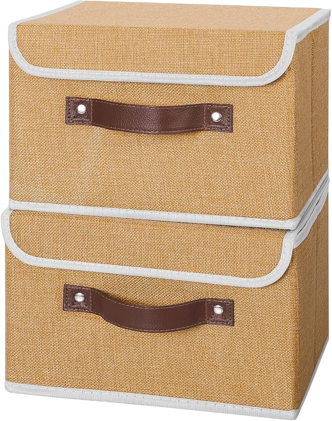 ANMINY Fabric Storage Box Bins with Lids, Khaki, 10"x8"x7", 2 Pack | Keepsake Memory Storage, Cotton Linen, PP Board Reinforced, Washable, PU Handles, Foldable & Stackable, Decorative, Small - Image 2