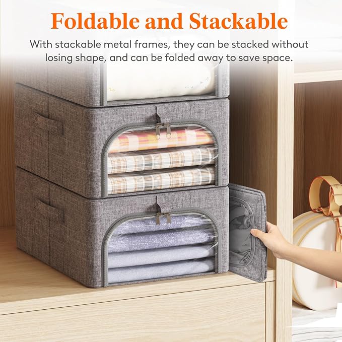 Lifewit Clothes Storage Bins with Metal Frame 6 Pack, Fabric Stackable Storage Bags with Lids, Zipper, Foldable Clost Organizers Containers for Clothing, Blanket, Winter Cloth, 25L - Image 2