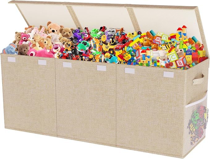 Extra Large Toy Box, Collapsible Toy Storage Organizer, 40"x16"x16", Beige | Sturdy Kids Toys Bin Chest with 2 Mesh Pockets and Dividers for Boys Girls, Bedroom & Living room Toy Organization - Image 8
