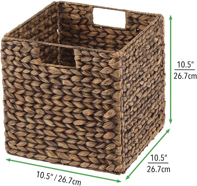 mDesign Natural Woven Hyacinth Cube Organizer Basket with Handles, Storage for Bathroom, Laundry Room Shelf or Nursery - Perfect for Cubby Storage Units - Hold Blankets and Books - 2 Pack, Brown Wash - Image 6