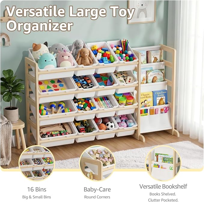 NUTIKAS Toy Storage Organizer with Bookshelf - Wooden 12 Bins Kids Toy Organizer Rack, Solid Pine Wood, Toys Box for Toddler, Playroom, Living Room, Bedroom, Nursery - Image 4