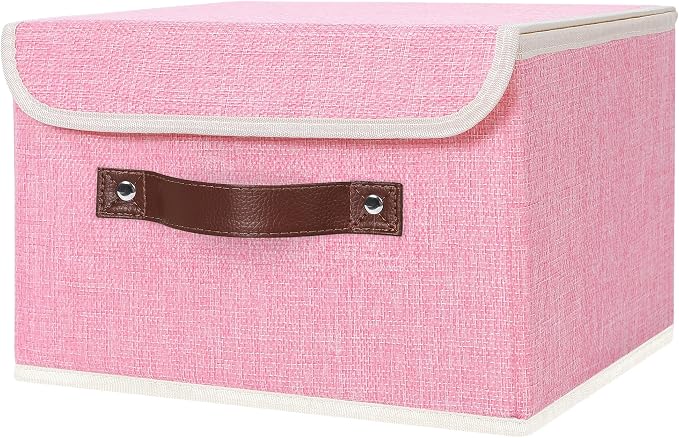 ANMINY Fabric Storage Box Bins with Lids, Pink, 10"x8"x7" | Keepsake Memory Storage, Cotton Linen, PP Board Reinforced, Washable, PU Handles, Foldable & Stackable, Decorative, Small by ANMINY