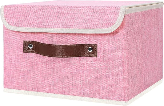 ANMINY Fabric Storage Box Bins with Lids, Pink, 10"x8"x7" | Keepsake Memory Storage, Cotton Linen, PP Board Reinforced, Washable, PU Handles, Foldable & Stackable, Decorative, Small by ANMINY