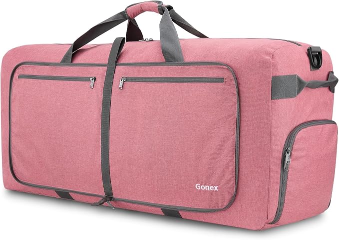 Gonex 150L Foldable Travel Duffle Bag with Shoe Compartment, Lightweight | 210D Nylon, Water-Repellent, Folds Compact, Multiple Pockets, Luggage Sleeve,Family Travel & Camping, Coral Pink by Gonex