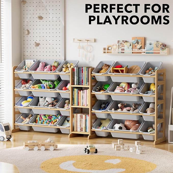 SpaceAid Large Toy Storage Organizer with 24 Bins and 3 Shelves, Toy Organizers Storage Bookshelf, Kids Bin Shelf Box Bookcase for Bedroom Playroom Organization Room Decor, Neutral Gray - Image 5