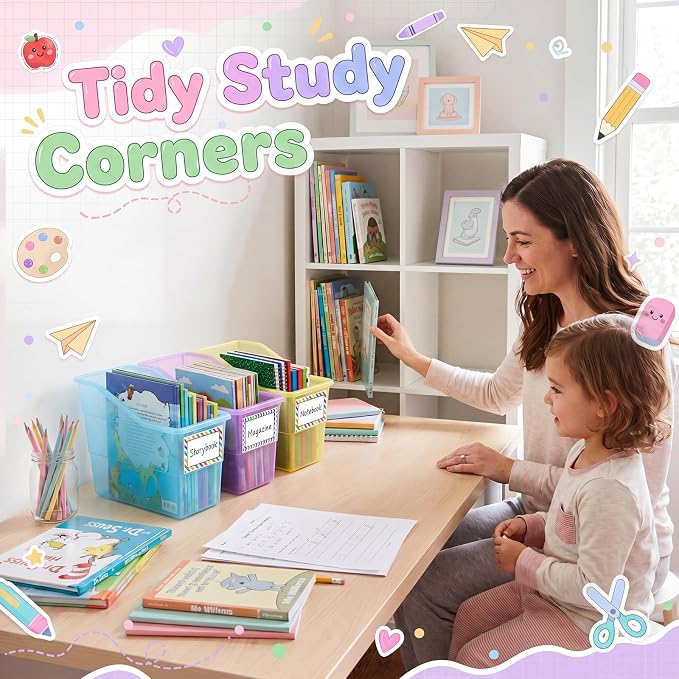 Blosssound 24 Set Book Bins for Classroom Stackable,Translucent Pastel | Plastic Baskets with Labels, Slanted Front, Library Supplies Organizers, Desktop Storage Bins, Teachers Home School Use - Image 6