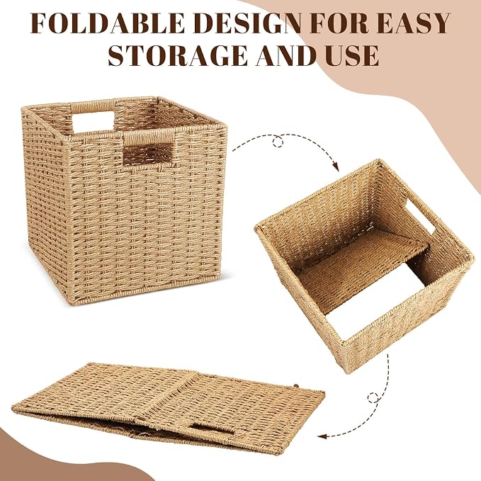 6 Pcs Wicker Storage Baskets 13 x 13 in Cube Storage Bin Organizer Camel Square Foldable Wicker Baskets for Shelves Organizing Decor Laundry Pantry Toys - Image 3
