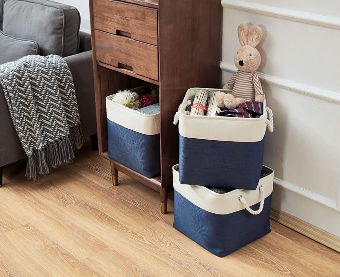 DECOMOMO Cube Storage Bin 13x13 with rope handles, Kallax Storage Cubes | 3 Pack, Fabric Storage Bins for Organizing Clothes, Toys, Books (Navy Blue & White) - Image 7