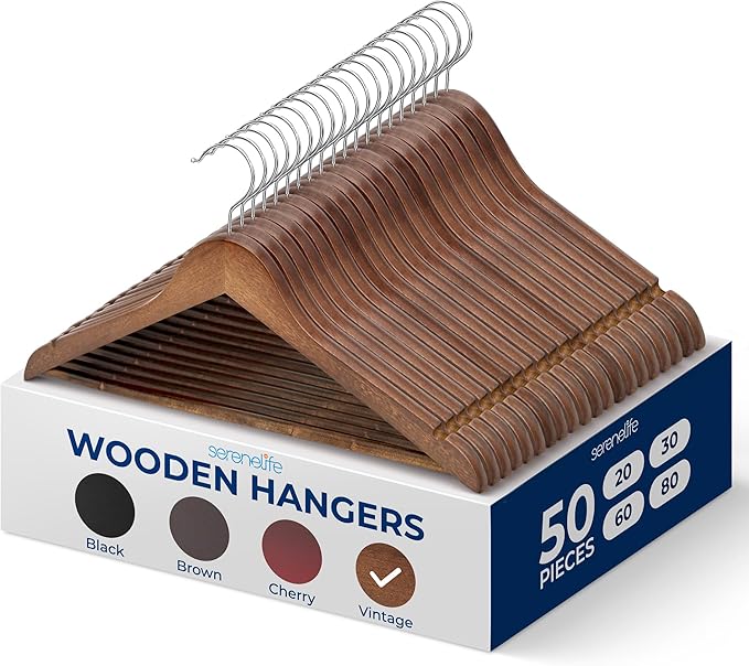 SereneLife 50-Pack Wooden Coat Hangers – Durable Suit Hangers with 360° Swivel Hook & Notches – Slim Design for Shirts, Jackets, Dresses, and More (Vintage) by SereneLife