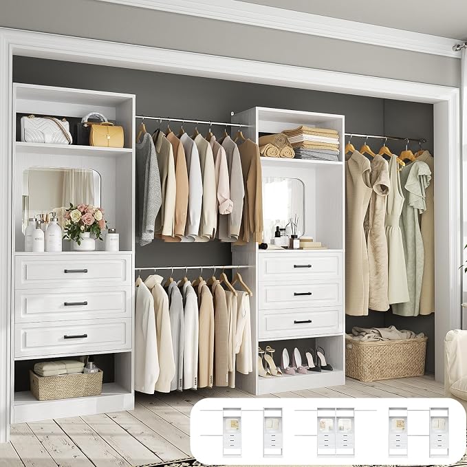 Unikito 6-14FT Wood Closet System with 6 Drawers and Mirror, White | Sturdy walk-in organizer wardrobe for clothing, clothes rack with 3 hanging rods, freestanding garment storage tower. by Unikito