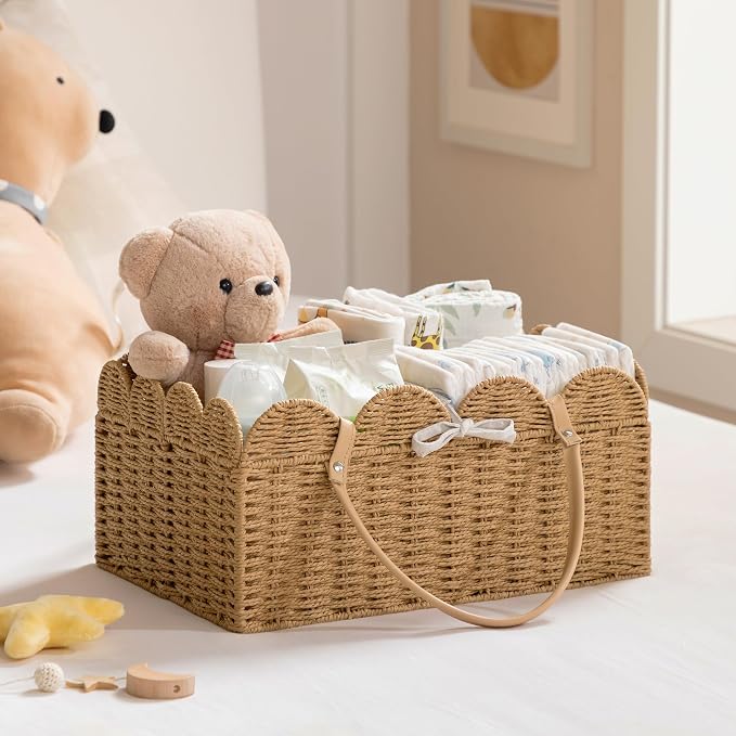 HBlife Large Baby Diaper Caddy, Paper Rope Scalloped Storage Baskets Nursery Bin with Removable Divider, Portable Car Organizer for Diapers, Baby Shower Gifts, Newborn Essentials Must Haves, Brown - Image 2