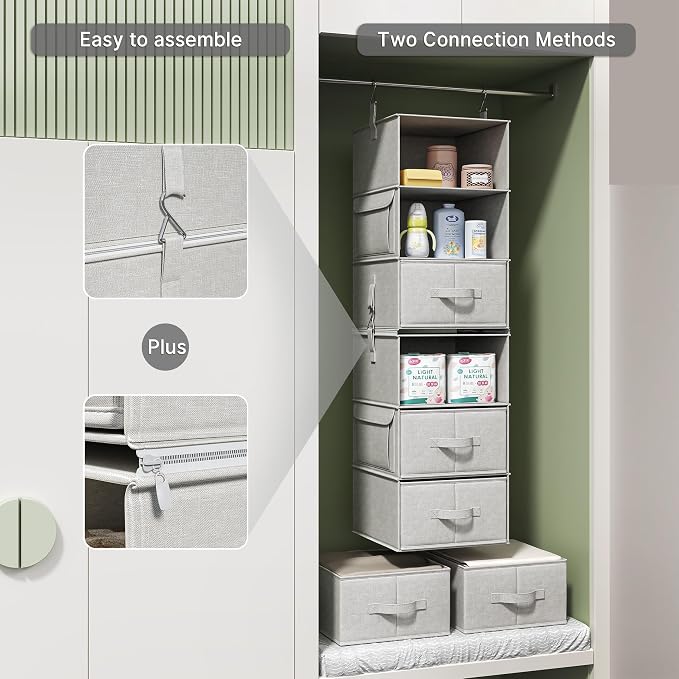 6-Shelf Hanging Closet Organizer with 3 Drawers, Separable, Silver Gray | Converts into Two 3-Shelf Organizers, Foldable Drawers, Side Pockets, Ideal for Wardrobe, Nursery, Dorm & Closet Storage - Image 6