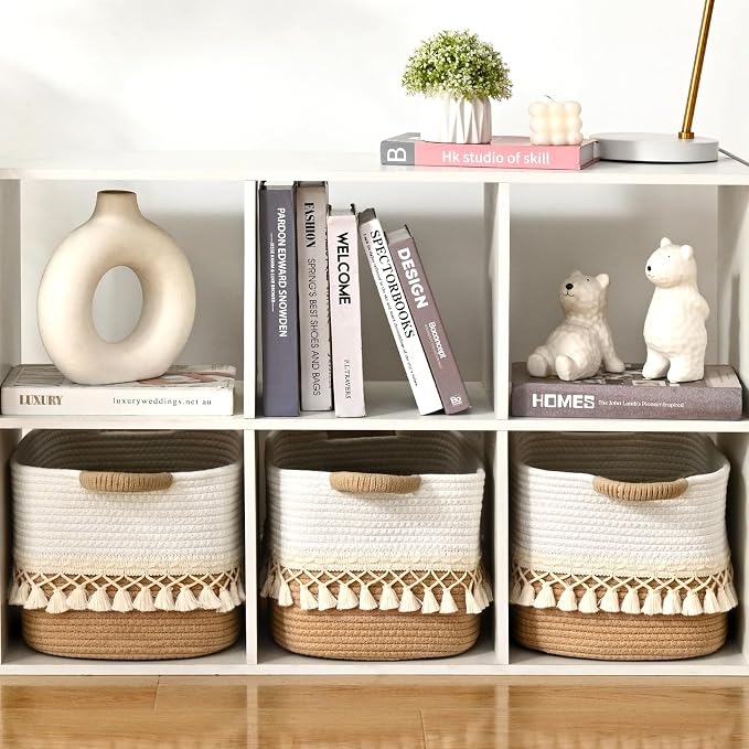 6 Pack Storage Basket for Shelves, Boho Cotton Rope Storage Bins with Heavy Tassel, Shelf Baskets Large Woven Baskets for Organizing, Cube Organizer Bins, Baby Laundry Basket for Clothes, Toys, Pets - Image 6