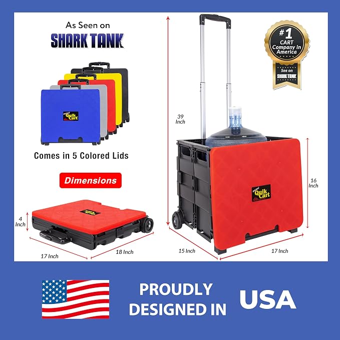 dbest Products Quik Cart Standard Collapsible Rolling Crate - Red Lid | with Wheels, Roll Up to 80 lbs Capacity, Heavy Duty Plastic Construction, Telescoping Handle, Foldable Utility Cart - Image 4