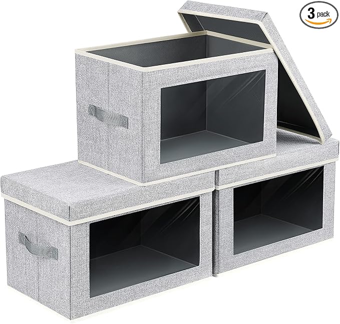 Fabric Storage Bins with Lids - 3 Packs Storage Cubes with Window, Foldable Storage Baskets Bins for shelves, Closet Storage Boxes for Towels, Clothes, Home, Office, Blended by Homsorout