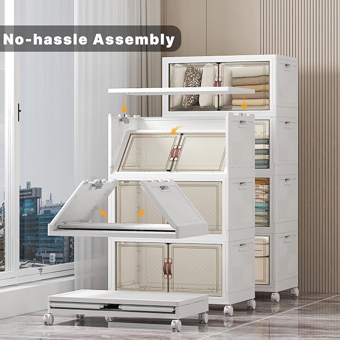 Stackable Storage Bins, 448QT Collapsible Drawers with Lid & Wheels | Large Capacity, Magnetic Door, Stack Lock, Rolling Casters, Foldable Design, Organizers and Storage for Bedroom Dorm Garage - Image 4