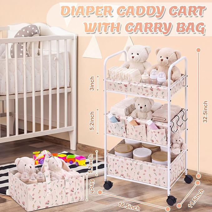 Yookeer 2in1 Baby Diaper Caddy Organizer Cart 3 Tier Large Capacity Metal Utility Bedside Rolling Cart with Divider Newborn Registry Gift Nursery Essential Must Have Bedroom Baby Shower(White,Flowers) - Image 2