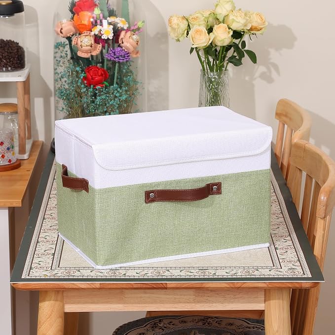 ANMINY Fabric Storage Box Bins with Lids, Green White, 15"x10"x10" | Keepsake Memory Storage, Cotton Linen, PP Board Reinforced, Washable, PU Handles, Foldable & Stackable, Decorative, Large - Image 8