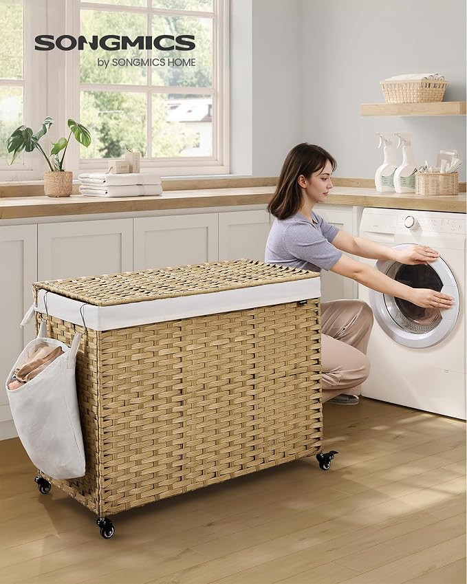 SONGMICS Laundry Hamper with Lid, 55.4 Gallons (210 L), Rolling Laundry Basket with Wheels, 4-Section Synthetic Rattan, Removable Liner, Bedroom, 33.9 x 15.7 x 26 Inches, Natural Color ULCB460Y01 - Image 2