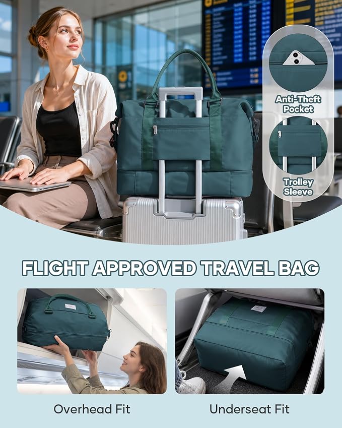 Travel Duffel Weekender Bag Women Tote Carry On Bags With Shoe Compartment | 18x14x8 inches Travel Overnight Bags with Trolley Sleeve for Airplanes Waterproof Sport Tote Gym with Toiletry Bag Blue - Image 2