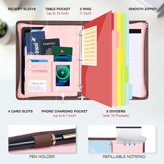Ospelelf Zippered Padfolio Organizer, Faux Leather 3 Ring Binder with Clipboard, Letter Size Business Portfolio with Notepad, Tablet Sleeve & Phone Pockets for Office Work Pink - Image 2
