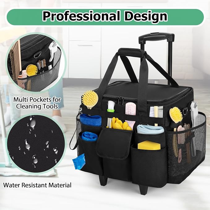 LoDrid Rolling Cleaning Caddy with Lid and Detachable Trolley, Black | Cleaning Supplies Organizer, Cleaning Caddy Cart on Wheels with Handle and Shoulder Strap for Housekeepers - Image 2