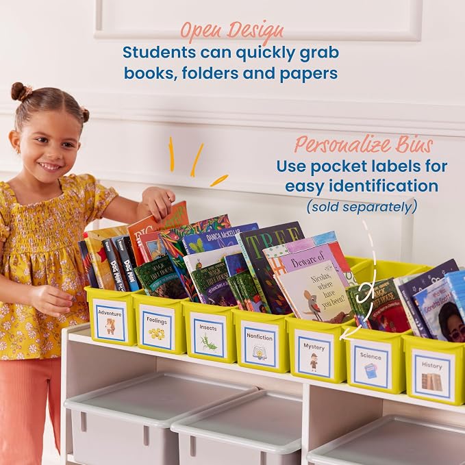 ECR4Kids Linking Plastic Storage Book Bin, Multipurpose Organization, Neon Yellow, 10-Piece | Durable plastic with built-in handles, interlocking, nestable, ideal for books, magazines, and files in a classroom or office - Image 5