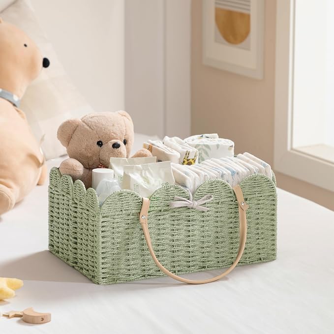 HBlife Large Baby Diaper Caddy, Paper Rope Scalloped Storage Baskets Nursery Bin with Removable Divider, Portable Car Organizer for Diapers, Baby Shower Gifts, Newborn Essentials Must Haves, Green - Image 2