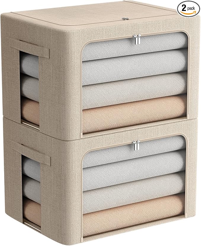 FHSQX 2 Pack Clothes Storage Bins with Metal Frame, Beige, 15.7x11.8x11.7 Inch by FHSQX