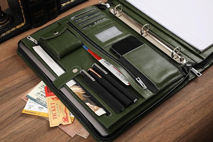 Green Leather Padfolio for Women/Men, Business 3 Ring Portfolio Binder, Personalized Zippered Organizer for A4 Notepad & 13-inch Laptop/Tablet - Image 4