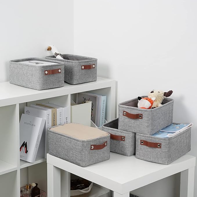 DULLEMELO Small Storage Baskets 11.8"x7.9"x5.1", Fabric Storage Bins for Shelves,Closets,Nursery,Home,Office [3 Pack], Collapsible Storage Baskets with Leather Handles (Gray) - Image 5