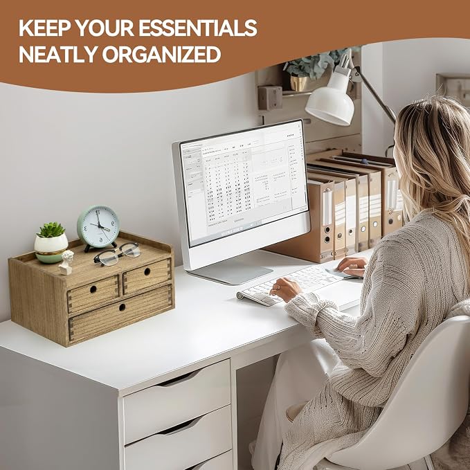 KIRIGEN Wooden Desk Organizer with 3 Drawers and Top Shelf Brown DT2D3C-DBR | 3-Drawer Cabinet with Top Shelf Stores Papers, Office Supplies, Cosmetics, Crafts, and Small Accessories on Desks or Counters - Image 6
