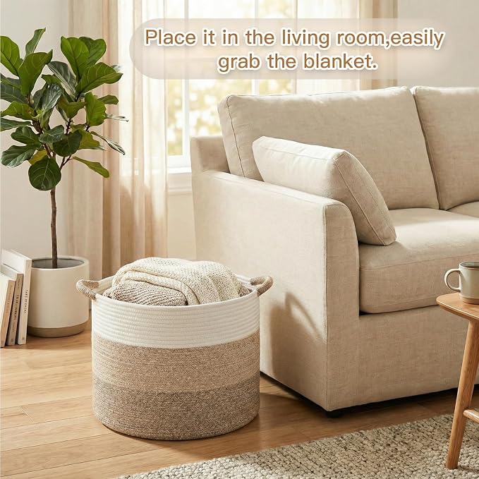 Artfeel 100L Large Cotton Rope Basket, Decorative Woven Blanket Storage for Living Room, Boho Toy Storage & Toy Box for Kids, Versatile Laundry Basket & Nursery Hamper for Blankets(BrownYellow) - Image 4