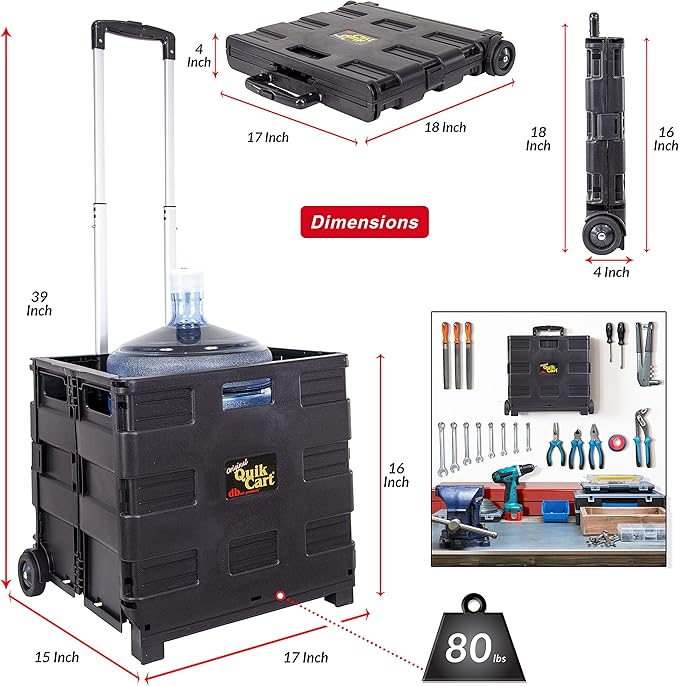 dbest Products Quik Cart Without Lid Collapsible Rolling Crate - Black | with Wheels, Roll Up to 80 lbs Capacity, Heavy Duty Plastic Construction, Telescoping Handle, Portable Handcart - Image 3