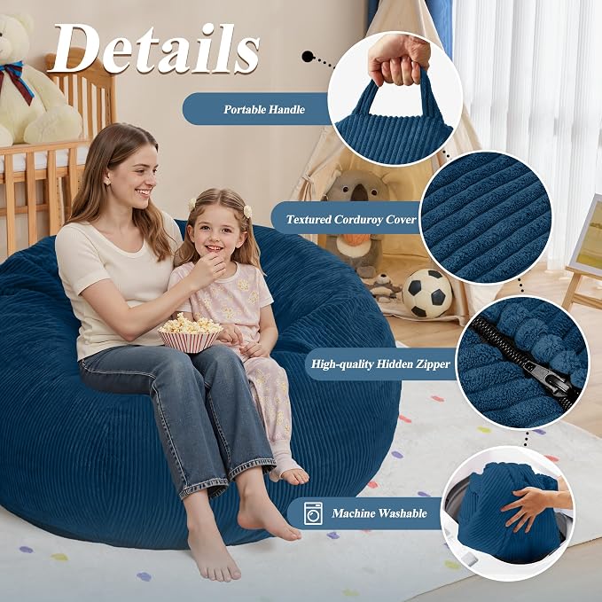 5FT Bean Bag Chair for Adults,Gaint Teardrop Beanbag with Filler | Beanbag Chair with Memory Foam Filled,Bean Bags with Handy Handle&Machine Washable Cover for Living Room,Bedroom-Dark Blue - Image 5